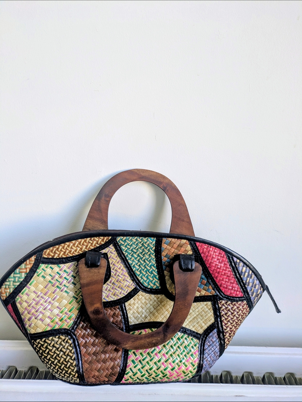 Large Straw Patchwork Handbag with Wooden Handles